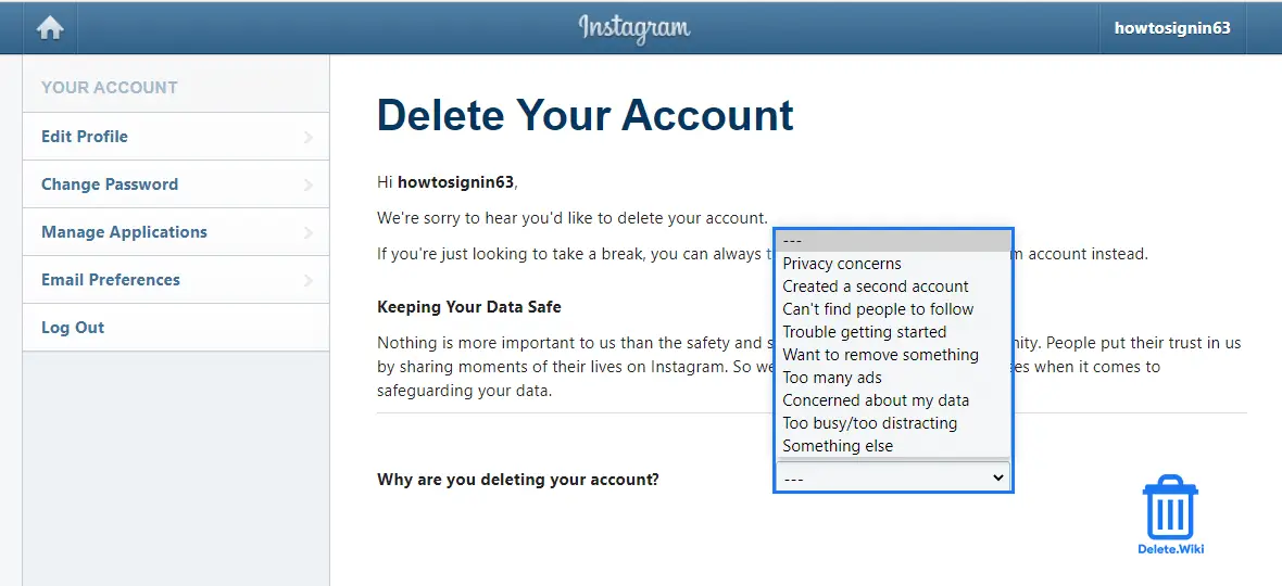 Select Reason for Deleting Instagram account