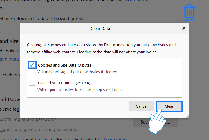 Select cookies and click Clear