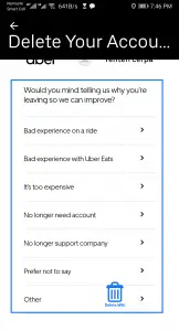 Select a reason to close Uber account
