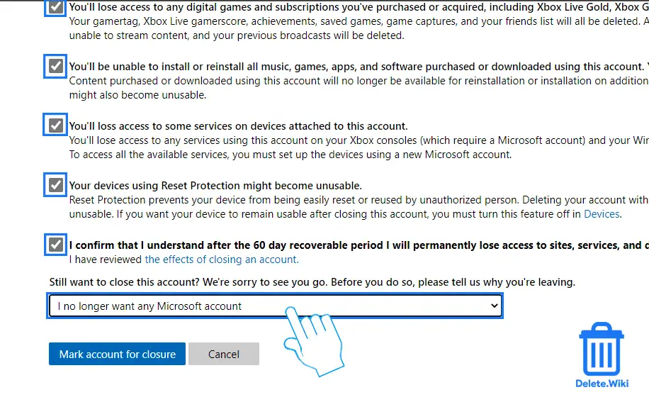 Select reason for closing Microsoft account