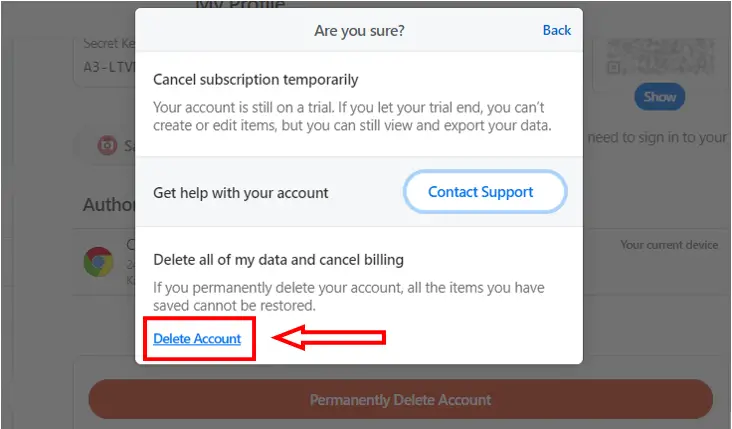 delete account link-1Password