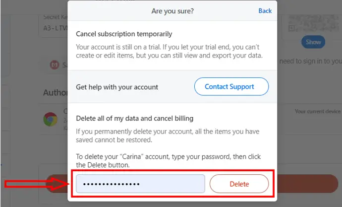 enter password and delete 1Password account