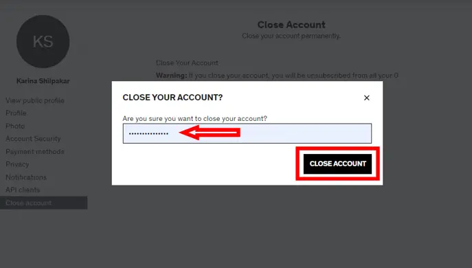 enter password to delete Udemy account
