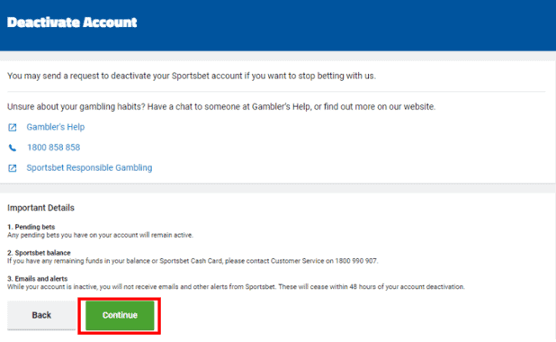 continue to delete the sportsbet account