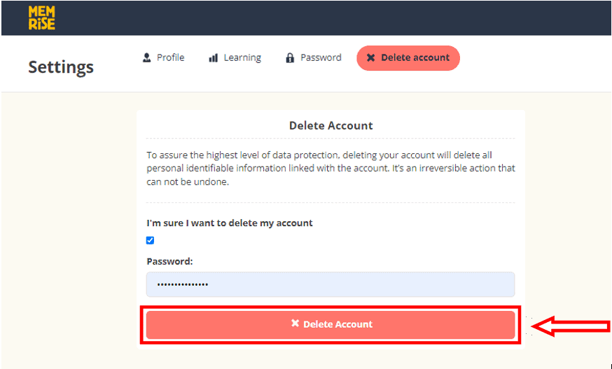 click on delete account-Memrise