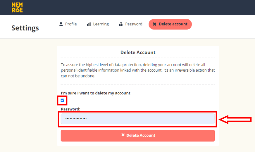 enter password to delete memrise account